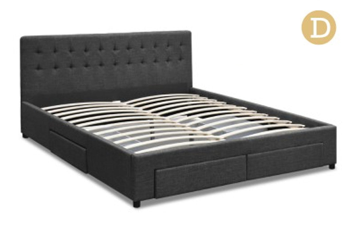 Double Devion Fabric Bed Frame With 4 Storage Drawers & Tufted Headboard - Charcoal