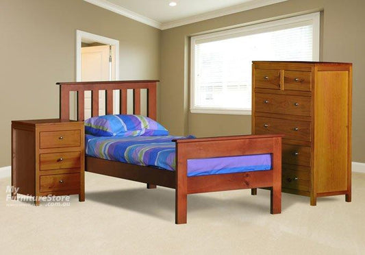 FEDERATION (AUSSIE MADE) WITH RAILED FOOT END SINGLE OR KING SINGLE 3 PIECE BEDROOM SUITE WITH OLIVER CASE GOODS - ASSORTED COLOURS