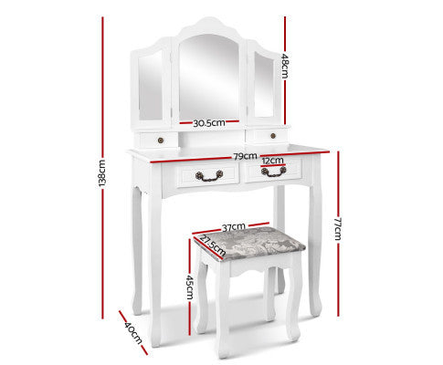 HOWARD 4 DRAWER DRESSING TABLE WITH MIRROR AND STOOL - WHITE