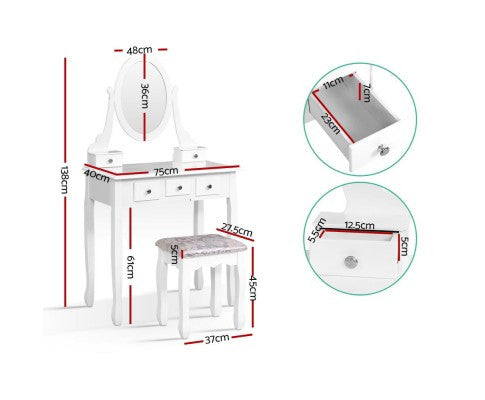 ERIN 5 DRAWER DRESSING TABLE WITH MIRROR & STOOL - WHITE