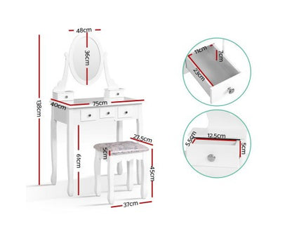 ERIN 5 DRAWER DRESSING TABLE WITH MIRROR & STOOL - WHITE