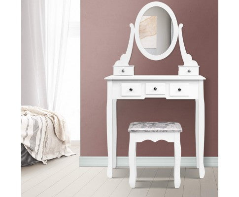 Erin 5 Drawer Dressing Table With Mirror & Stool - White