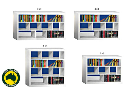 DERBY (AUSSIE MADE) WITH 70mm FACING LOWLINE BOOKCASE WITH KICKBOARD - ASSORTED PAINTED COLOURS - STARTING FROM $599