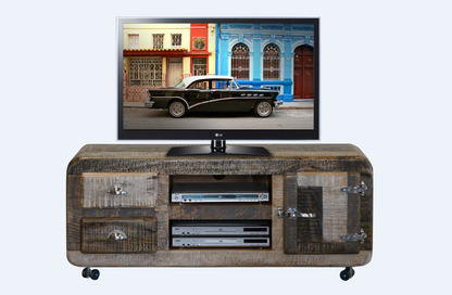 DETRIOT  ENTERTAINMENT UNIT WITH 2 DRAWER AND DOOR -580(H) x 1350(W)- DISTRESSED MULTI