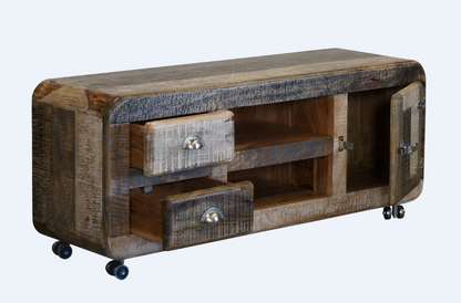 DETRIOT  ENTERTAINMENT UNIT WITH 2 DRAWER AND DOOR -580(H) x 1350(W)- DISTRESSED MULTI