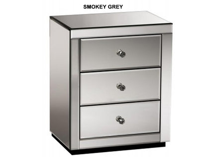 DEVIONA 3 DRAWER MIRRORED BEDSIDE TABLE COLLECTION - SILVER OR SMOKEY GREY