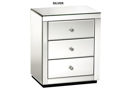 DEVIONA 3 DRAWER MIRRORED BEDSIDE TABLE COLLECTION - SILVER OR SMOKEY GREY