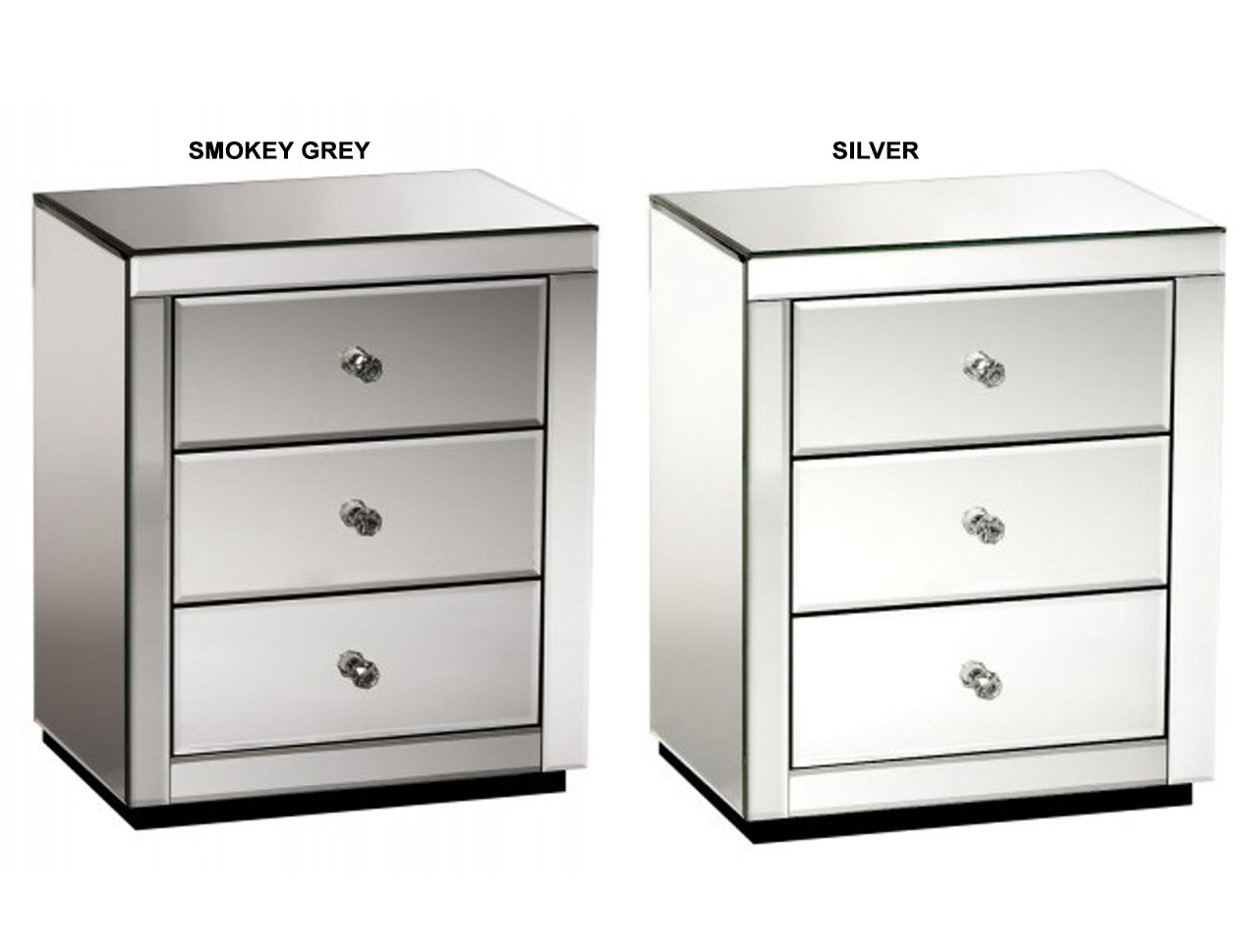 DEVIONA 3 DRAWER MIRRORED BEDSIDE TABLE COLLECTION - SILVER OR SMOKEY GREY