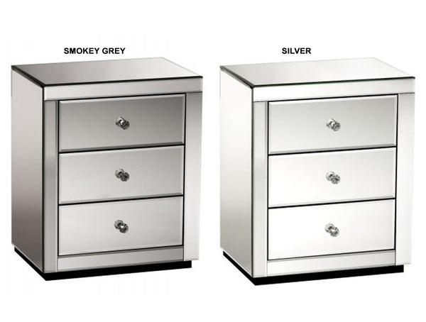 DEVIONA 3 DRAWER MIRRORED BEDSIDE TABLE COLLECTION - SILVER OR SMOKEY GREY