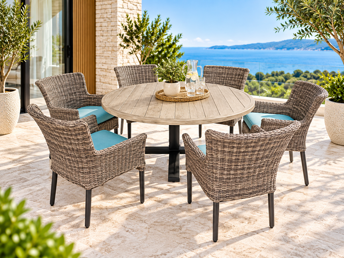 Devon Wood 7-Piece Outdoor Wicker Dining Setting – Handwoven Chairs with Wood-Look Round Table