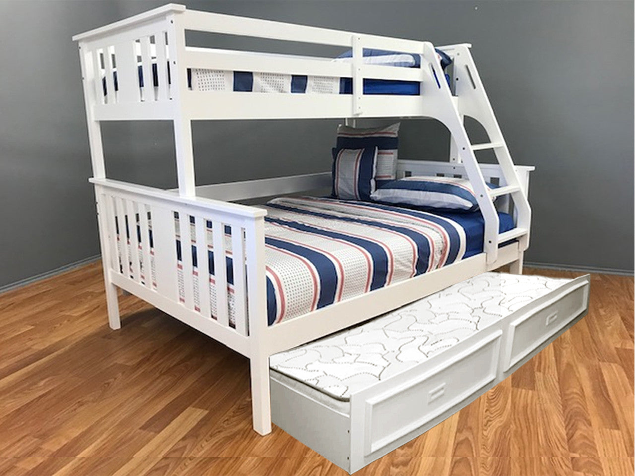 Veloz Single Over Double (TRIO) Bunk Bed With Matching Deluxe Teenage Trundle Bed - Bright Satin White (SNOW)