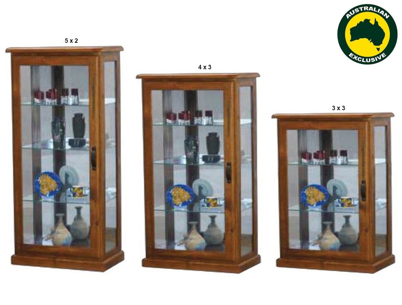 Drover (AUSSIE MADE) Lowline Glass Display Cabinet With Mirrored Back Collection - Assorted Stained Colours