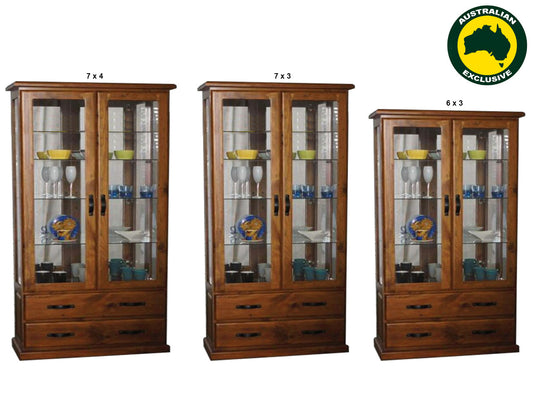 Drover (AUSSIE MADE) 2 Door / 2 Drawer Highline Glass Display Cabinet With Mirrored Back Collection - Assorted Stained Colours