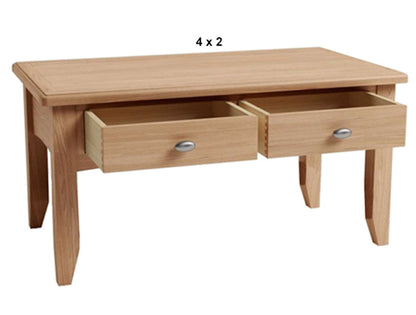 ELEGANCE (AUSSIE MADE) 2 DRAWER COFFEE TABLE WITH MAGAZINE RACK COLLECTION - TASSIE OAK COMBINATION - ASSORTED STAINED COLOURS - STARTING FROM $899