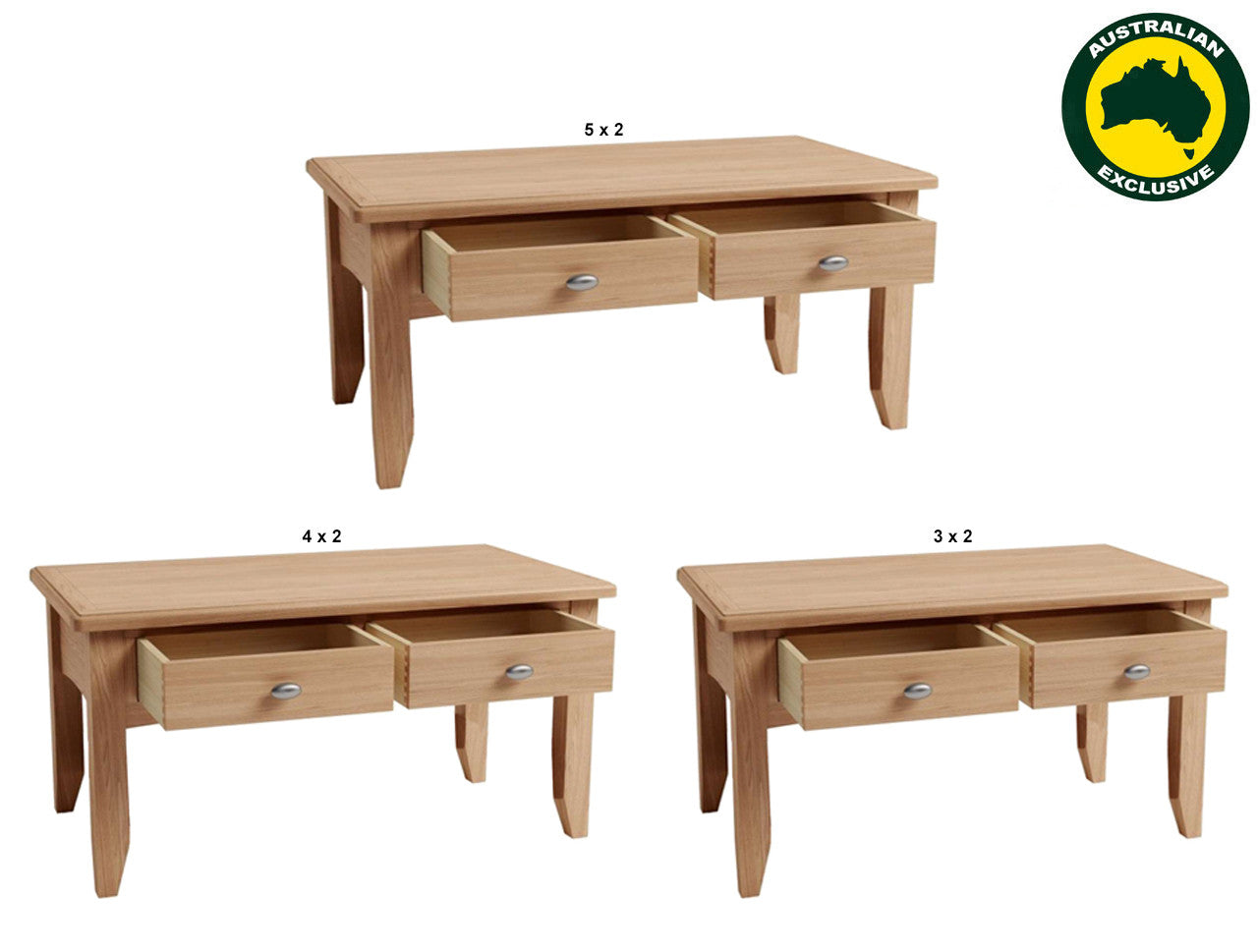 Elegance (AUSSIE MADE) 2 Drawer Coffee Table With Magazine Rack Collection - Tassie Oak Combination - Assorted Stained Colours