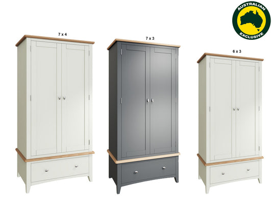 EMMETT (AUSSIE MADE) 2 DOOR / 1 DRAWER WARDROBE COLLECTION - TASSIE OAK COMBINATION - ASSORTED PAINTED / STAINED COLOURS - STARTING FROM $1699