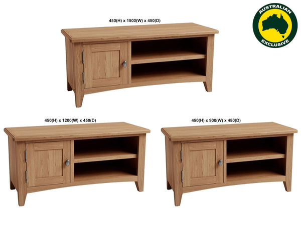 ELEGANCE (AUSSIE MADE) 1 DOOR / 2 SHELVES TV UNIT COLLECTION - TASSIE OAK COMBINATION - ASSORTED STAINED COLOURS - STARTING FROM $799