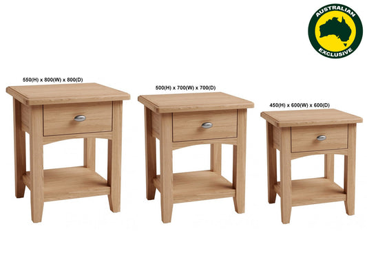 Elegance (AUSSIE MADE) 1 Drawer Lamp Table (NO PARQUETRY) Collection - Tassie Oak Combination - Assorted Stained Colours