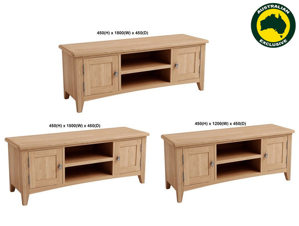 ELEGANCE (AUSSIE MADE) 2 DOOR / 2 SHELF TV UNIT COLLECTION - TASSIE OAK COMBINATION - ASSORTED STAINED COLOURS - STARTING FROM $999