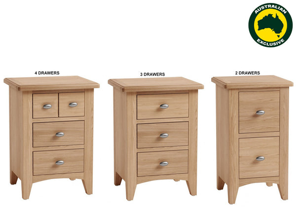 ELEGANCE (AUSSIE MADE) BEDSIDE TABLE COLLECTION - TASSIE OAK COMBINATION - ASSORTED STAINED COLOURS - STARTING FROM $599