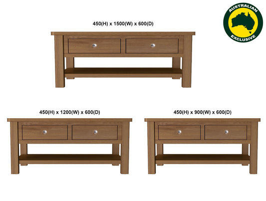 Eminence (AUSSIE MADE) 2 Drawer Oak Coffee Table Collection - Tassie Oak / Tassie Oak Combination - Assorted Stained Colours