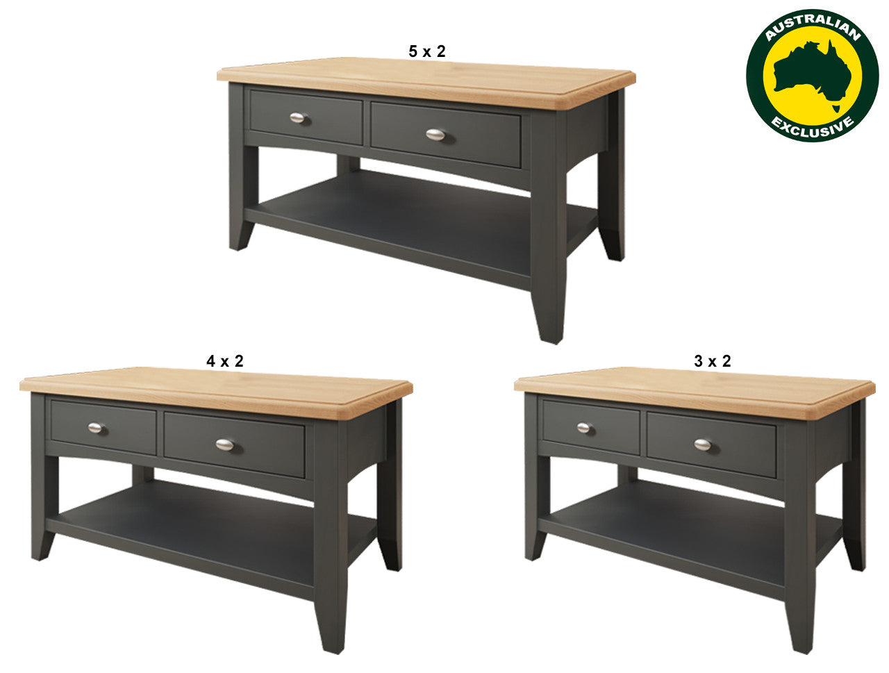 Emmett (AUSSIE MADE) 2 Drawer Coffee Table Collection - Tassie Oak Combination - Assorted Painted / Stained Colours