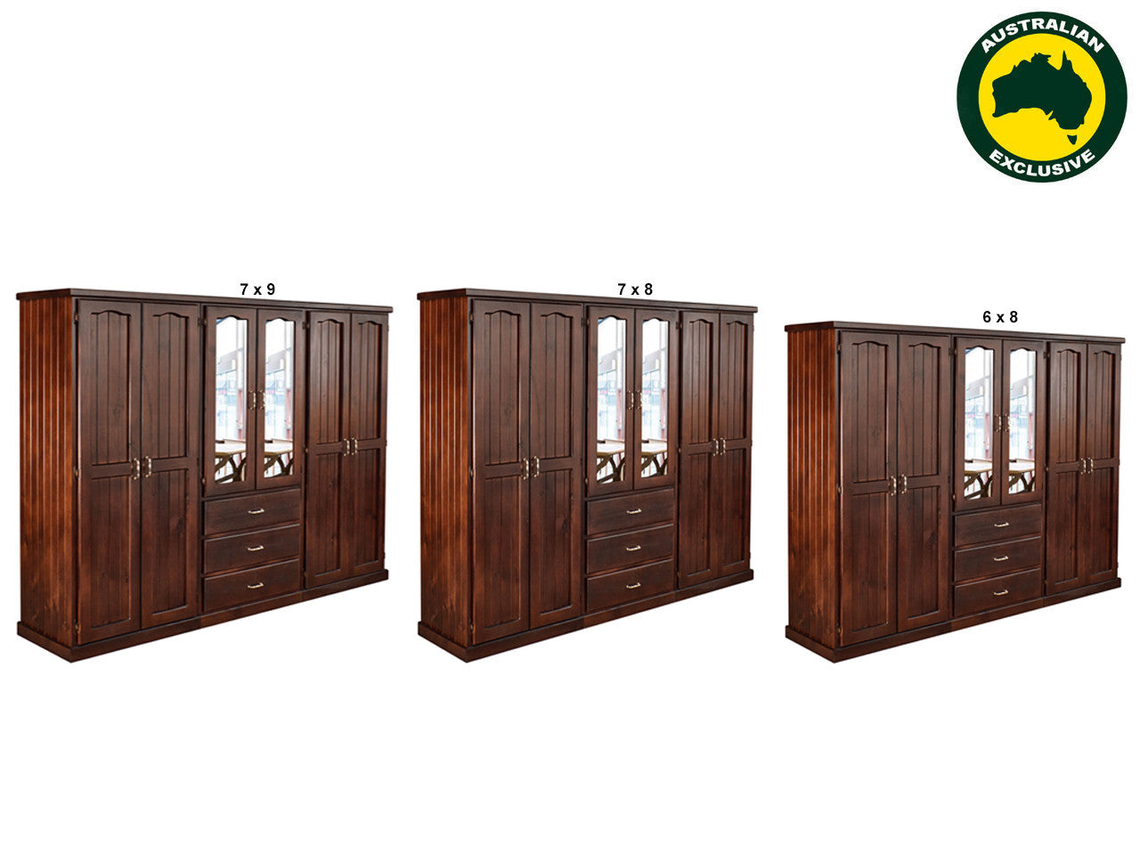 Empire Gad (AUSSIE MADE) 3 Piece (4 SECTIONS) Multi-robe With 6 Doors / 3 Drawers Collection - Assorted Stained Colours