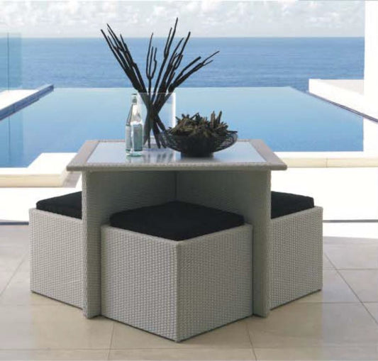 5 PIECE EYDIS SQUARE TABLE SETTING (1 x EYDIS SQUARE TABLE[TK710982/10/S]; 4 X EYDIS STOOL WITH CUSHIONS [BK710982/05]) - WHITE WASH - 1000(L) x 1000(W)