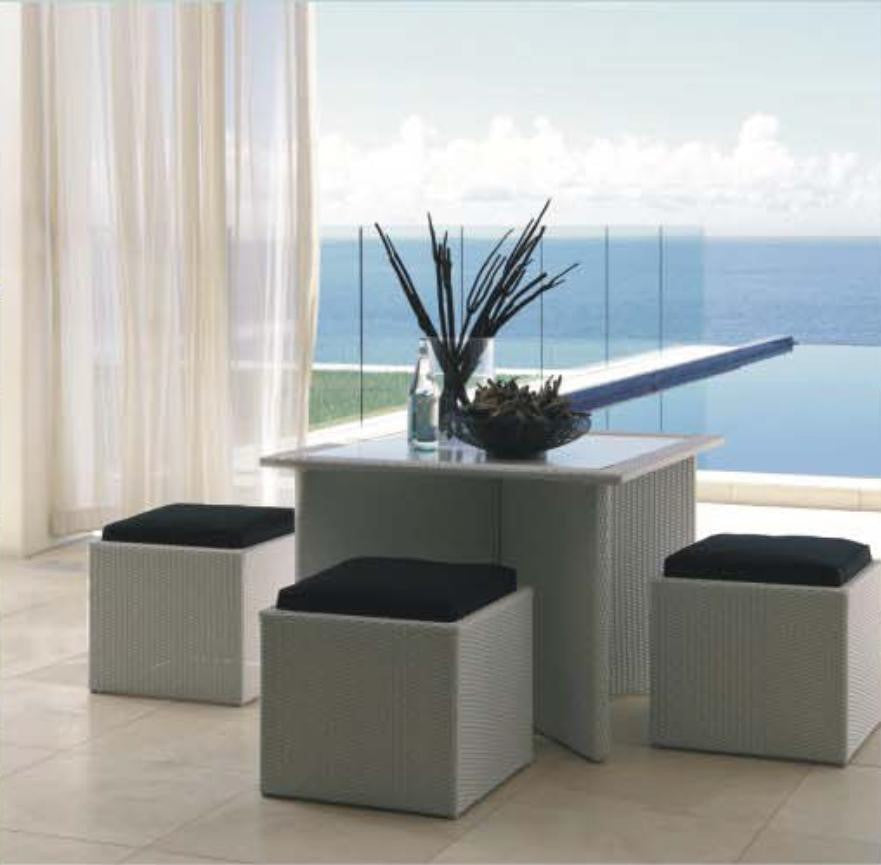5 PIECE EYDIS SQUARE TABLE SETTING (1 x EYDIS SQUARE TABLE[TK710982/10/S]; 4 X EYDIS STOOL WITH CUSHIONS [BK710982/05]) - WHITE WASH - 1000(L) x 1000(W)