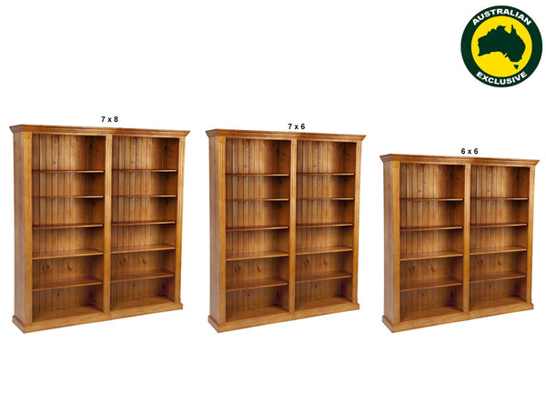FEDERATION (AUSSIE MADE) HIGHLINE BOOKCASE WITH 70MM FACINGS COLLECTION (3 SECTIONS) PIGEON PAIRED - ASSORTED STAINED COLOURS - STARTING FROM $1599