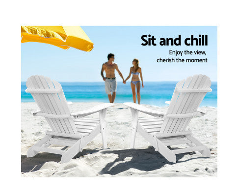 ORBITS (SET OF 2) OUTDOOR WOODEN BEACH CHAIR WITH SLIDE-OUT FOOTSTOOL - WHITE