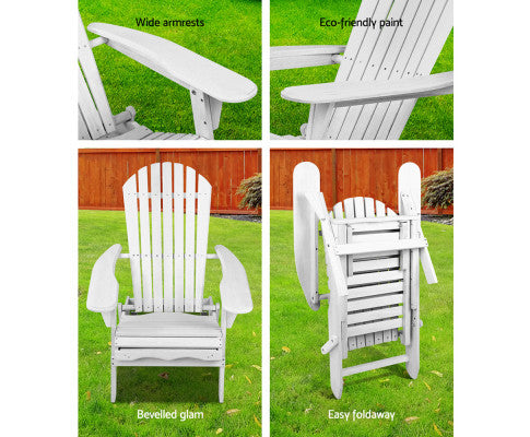 ORBITS (SET OF 2) OUTDOOR WOODEN BEACH CHAIR WITH SLIDE-OUT FOOTSTOOL - WHITE