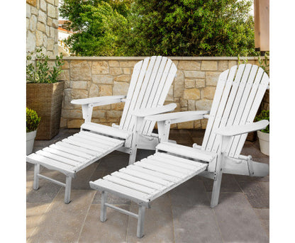 ORBITS (SET OF 2) OUTDOOR WOODEN BEACH CHAIR WITH SLIDE-OUT FOOTSTOOL - WHITE
