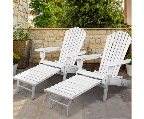 ORBITS (SET OF 2) OUTDOOR WOODEN BEACH CHAIR WITH SLIDE-OUT FOOTSTOOL - WHITE
