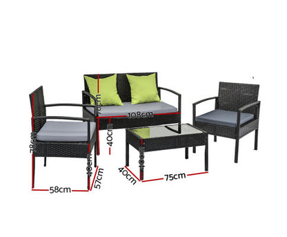 DARCIE OUTDOOR 4 PIECE WICKER LOUNGE SETTING - BLACK