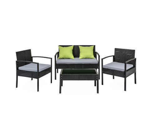DARCIE OUTDOOR 4 PIECE WICKER LOUNGE SETTING - BLACK