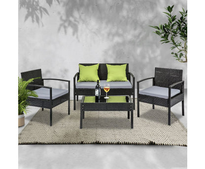 DARCIE OUTDOOR 4 PIECE WICKER LOUNGE SETTING - BLACK