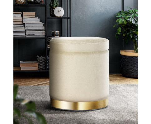 LINDEN VELVET FABRIC OTTOMAN FOOTSTOOL WITH STORAGE - CREAM