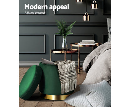 LINDEN VELVET FABRIC OTTOMAN FOOTSTOOL WITH STORAGE - GREEEN