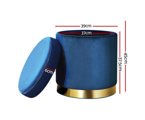 LINDEN VELVET FABRIC OTTOMAN FOOTSTOOL WITH STORAGE - NAVY