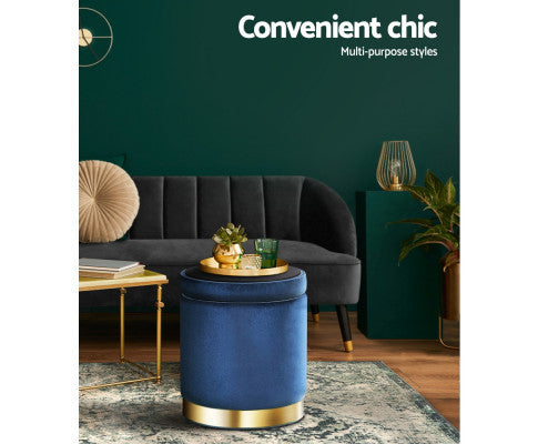 LINDEN VELVET FABRIC OTTOMAN FOOTSTOOL WITH STORAGE - NAVY