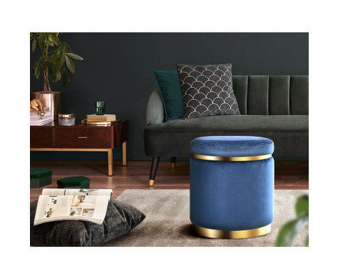 LINDEN VELVET FABRIC OTTOMAN FOOTSTOOL - NAVY