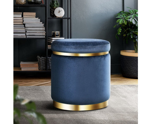 LINDEN VELVET FABRIC OTTOMAN FOOTSTOOL - NAVY