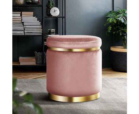LINDEN VELVET FABRIC OTTOMAN FOOTSTOOL - PINK