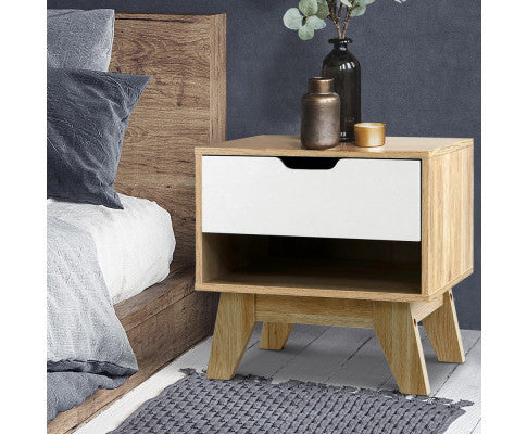 JOHNSON 1 DRAWER BEDSIDE TABLE - WHITE & NATURAL