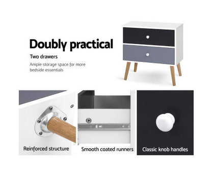 JOHNSON 2 DRAWER BEDSIDE TABLE - BLACK & WHITE (TWO-TONED)