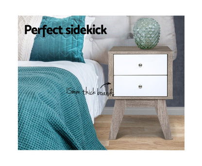 JOHNSON 2 DRAWER BEDSIDE TABLE - 580(H) X 400(W) - WHITE & NATURAL