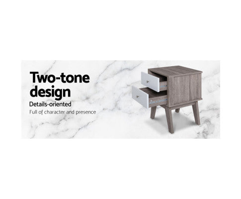 JOHNSON 2 DRAWER BEDSIDE TABLE - 580(H) X 400(W) - WHITE & NATURAL