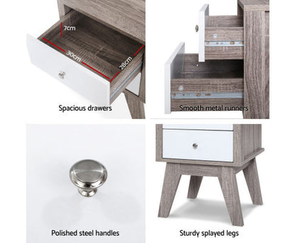 JOHNSON 2 DRAWER BEDSIDE TABLE - 580(H) X 400(W) - WHITE & NATURAL