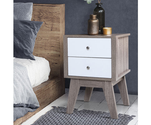 JOHNSON 2 DRAWER BEDSIDE TABLE - 580(H) X 400(W) - WHITE & NATURAL
